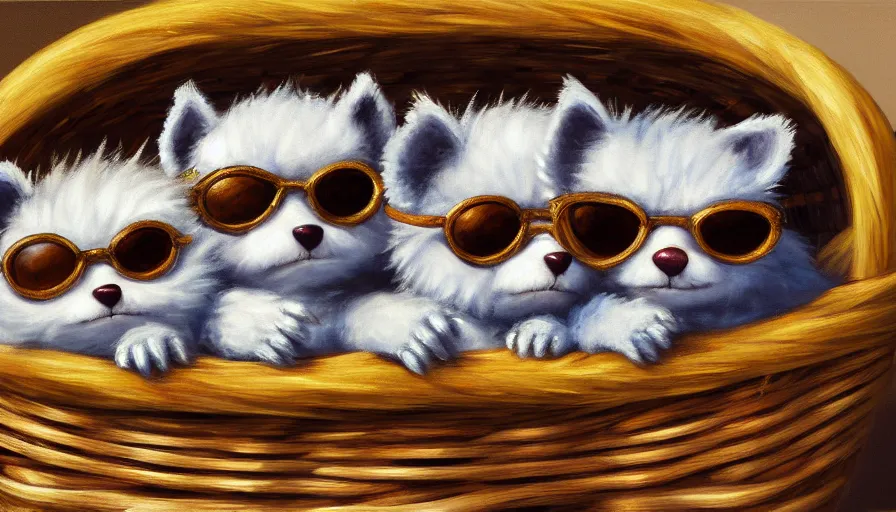 Prompt: highly detailed painting of cute furry furbys wearing shades cuddling up in a basket by william turner, thick brush strokes and visible paint layers, 4 k resolution