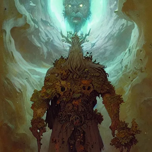 Image similar to a druid at the beginning of the world by alan lee and peter mohrbacher and frank frazetta and mike mignola