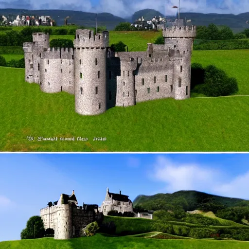 Image similar to a beautiful landscape with a couple of castles in a couple of farms next to the castle interact with the lighting super duper hyper - realistic