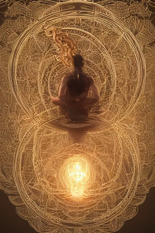 Image similar to an immaculate render of a complex metallic sphere spawning cables and bird wings, floating in a temple surrounded by wild tentacles made from mandalas and incense smoke, full body, perfect face, powerful, cinematic, beautifully lit, by vitally bulgarov, by greg rutowski, by galan pang, 3 d, trending on artstation, octane render, 8 k