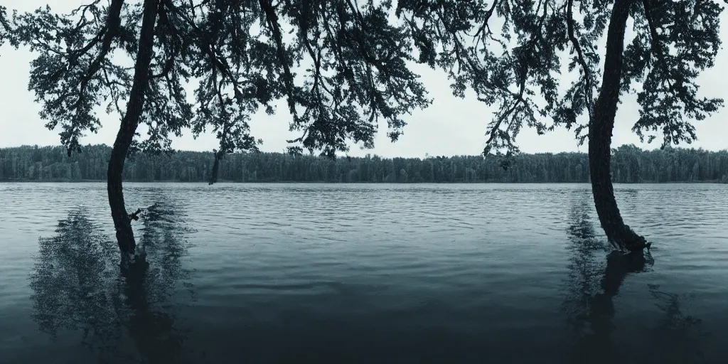 Prompt: centered photograph of a long rope snaking across the surface of the water, stretching out towards the center of the lake, a dark lake on a cloudy day, mood, trees in the background, anamorphic lens