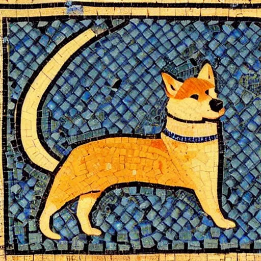 Prompt: an ancient roman tile mosaic depicting a shiba inu in a noble toga