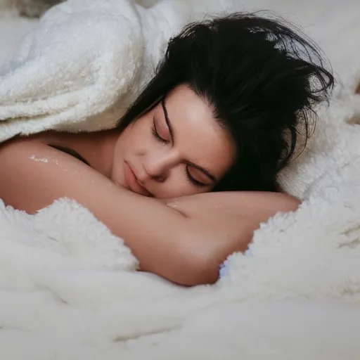 Image similar to highly detailed portrait of beautiful woman covered in white wet blanket sleeping in the clouds during sunset