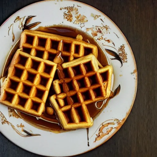 Image similar to an very delicious plate of waffles with maple syrup painted by Vincent van Gogh