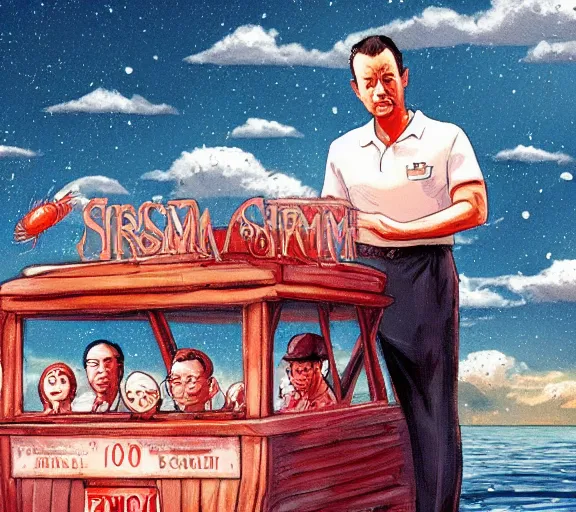 Prompt: Tom hanks as forrest gump sitting in a giant shrimp boat, majestic beautiful world, digital art, amazing detail, artstation, in the style of hayao miyazaki