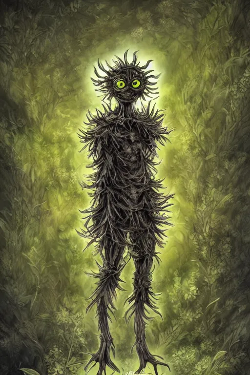 Image similar to a humanoid figure dandelion moss plant monster thistle armour, large eyes and menacing smile, highly detailed, digital art, sharp focus, trending on art station, anime art style