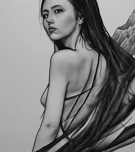 Image similar to tattoo design of beautiful woman against a background of beautiful mountains and nature, in the style of den yakovlev, black and white, hyper realistic, highly detailed