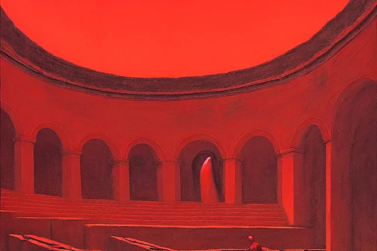 Image similar to only with red, a red great emperor, taormina amphitheatre, expressive crowd hails him, in the style of beksinski, parts by edward hopper, parts by rodcenko, parts by yue minjun, intricate and epic composition, red by caravaggio, insanely quality, highly detailed, masterpiece, red light, artstation, 4 k