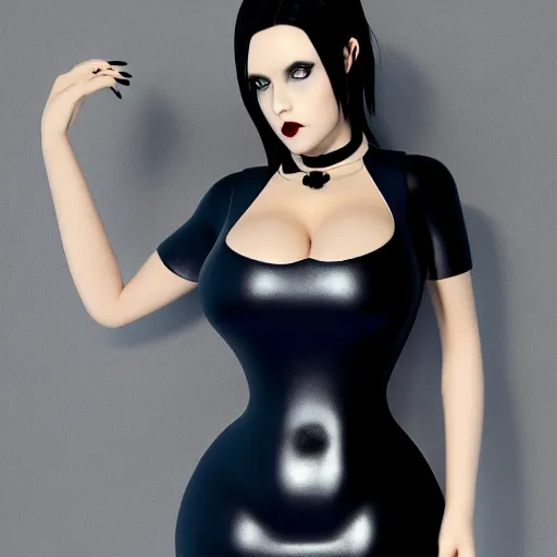 Image similar to a feminine curvy pale hot goth cutie wearing an tight navyblue-black-gold latex-nylon high-neck dress, choker necklace, cgsociety, photorealistic, sublime-cool-hyperadvanced-dark-amorous ambience, 16k, smooth, sharp focus, trending on ArtStation, volumetric lighting, fully clothed, thin waist