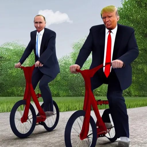 Image similar to realistic render of vladimir putin and donald trump riding a tandem bike