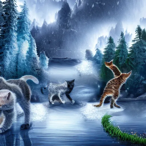 Prompt: Kittens realistic 4k HD fantasy world water trees mountains ice snow weather fog high detail