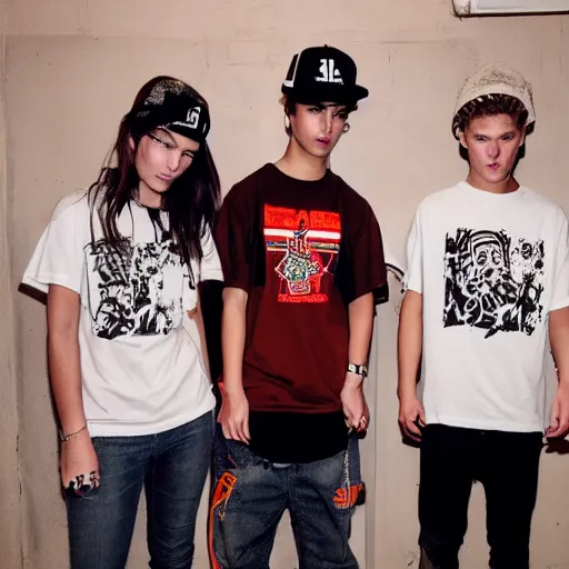 Image similar to teens wearing streetwear screenprinting shirts in their basement.