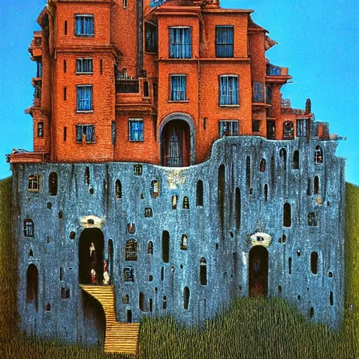 Prompt: addams family style mansion in the cliff side, vibrant colors, painting by Beksinski