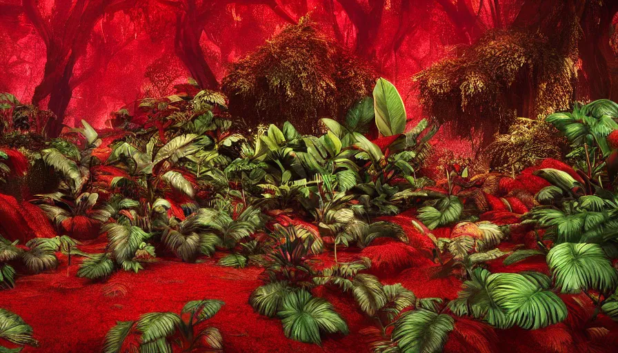 Image similar to red liquid jungle, large plants and leaves covered in red, lush but everything is dark red, beautiful crimson colored render, cinematic lighting, trending on artstation, elaborate, detailed, digital painting, elaborate matte painting