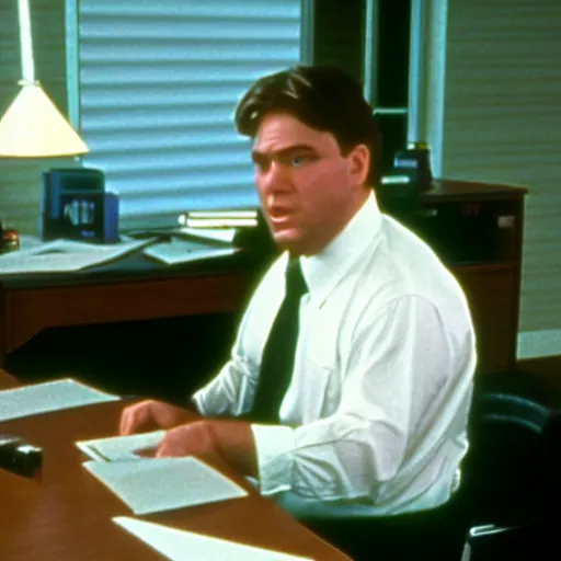 Prompt: clean - shaven chubby white man wearing a shirt and necktie sitting at a desk, 1 9 8 9 movie still, tv scan lines, cinematography, cinematic lighting