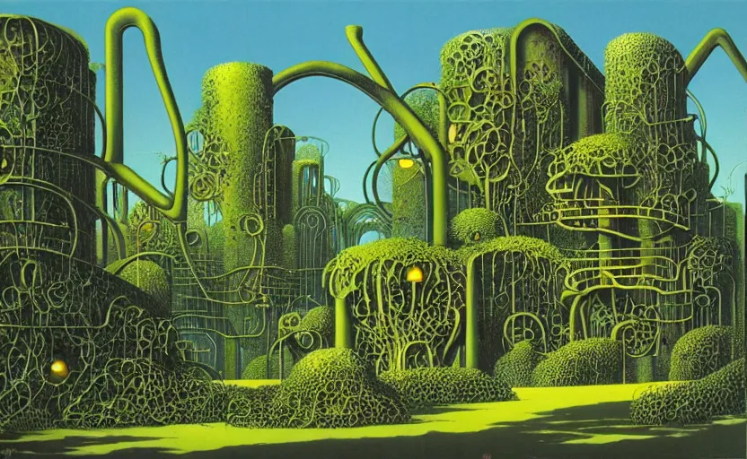 Image similar to industrial buildings surrounded by undergrowth by roger dean