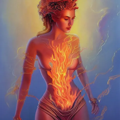 Image similar to A beautiful painting of a goddess with flames as her body by Jim Burns, 8K, ultra-detailed , Trending on artstation.