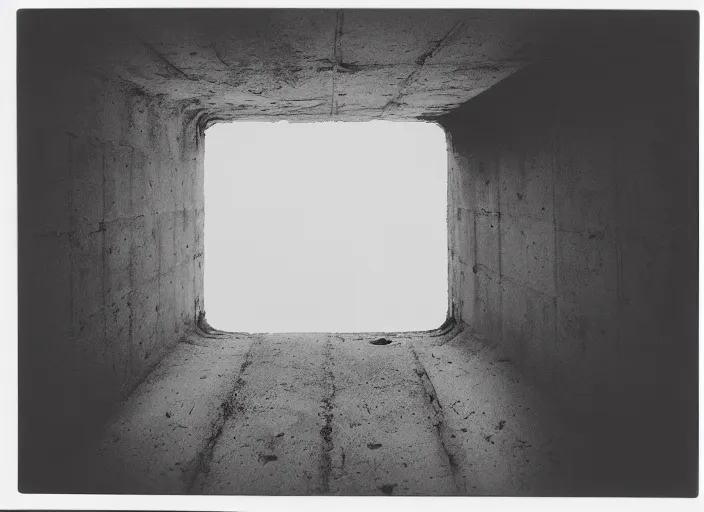 Prompt: looking down into the inside of an empty concrete tower, foggy, megalophobia, old polaroid, expired film,