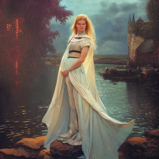 Prompt: Magic portrait painting of Margot Robbie, fantasy city background, dramatic sky, light particles, drawn by Donato Giancola and Tom Bagshaw, Edmund Leighton, Alphonse Mucha, 4k, volumetric lighting, komorebi, award winning, octane render, hyperrealistic