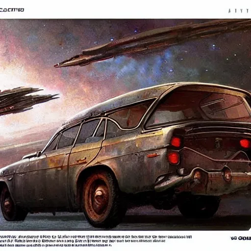 Image similar to vintage old ussr soviet car, iz 2 1 2 5, as a realistic scifi spaceship!!!, round lights, rusty, wide angle shot art by donato giancola and greg rutkowski, vintage retro scifi, realistic space, digital art, trending on artstation, symmetry!!!