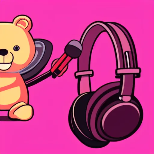 Image similar to iconic vector logo of cute cuddly pink bear with a podcast microphone, melodic, headphones, music, streaming, dreamy, isometric, adorable, octane render, golden ratio, 4k UHD, iconic design