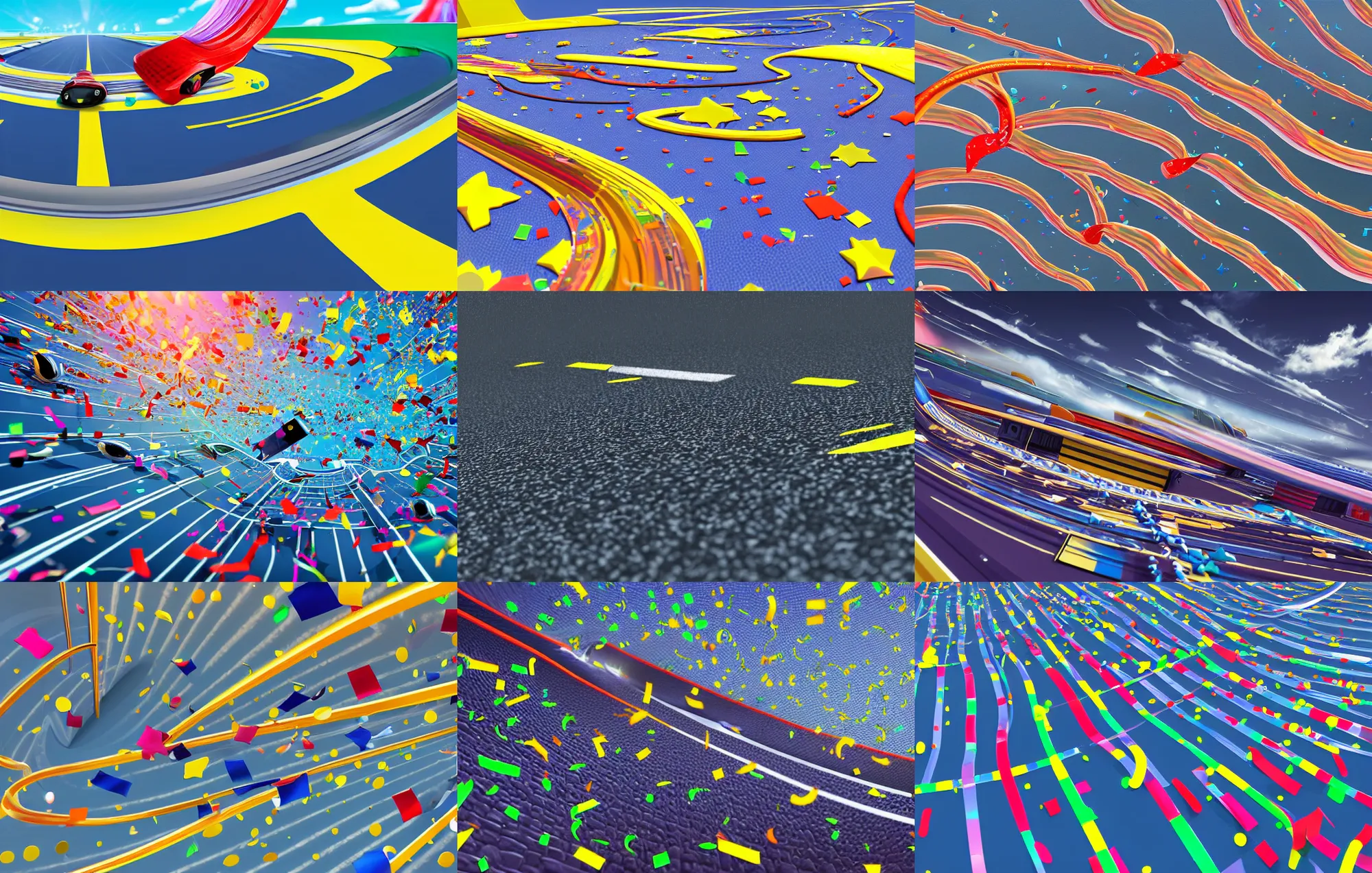 Prompt: low angle wide angle shot worms eye view angled up of a realistic futuristic vehicle racetrack finish line with confetti on a sunny day with a clear blue cloudy sky, cyberpunk, digital painting, good value control, crowded stands, rule of thirds, golden ratio, horizon line focus, sharp focus, fourze, realistic textures, 8 k