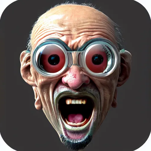 Image similar to a profile picture, old man screaming into camera, fish eye lens, deep wrinkes!!!!!, old,, trending on artstation, scary, funny, highly detailed, 8 k,