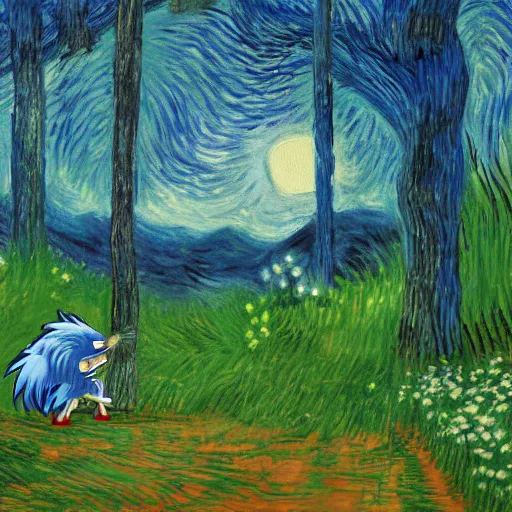 Image similar to sad painting of detailed realistic sonic the hedgehog in the woods at night, in the style of studio ghibli and moebius and claude monet and edward hopper and vincent van gogh