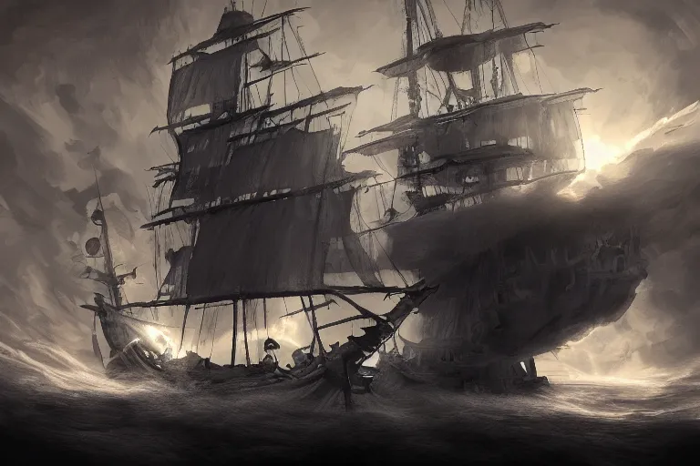 Prompt: an old pirate ship in space, digital painting, volumetric light, intricate