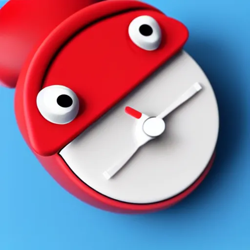 Image similar to Very tiny red alarm clock that looks like the iOS emoji and has the same colors, 3D clay render, 4k UHD, white background, isometric top down left view, diffuse lighting, zoomed out very far