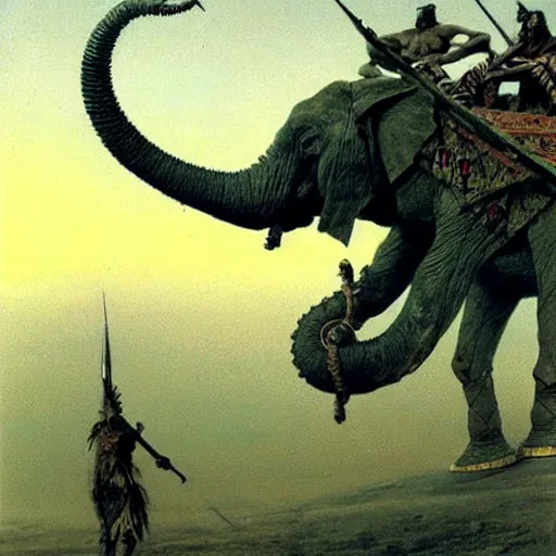 Prompt: tribal warrior riding a war elephant concept art, by beksinski