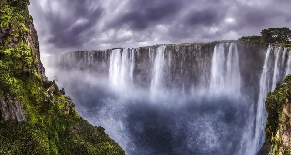 Image similar to A magnificent flying island in the sky above the sea, waterfall falling down, epic lighting, epic composition, cinematic, highly detailed, 4k