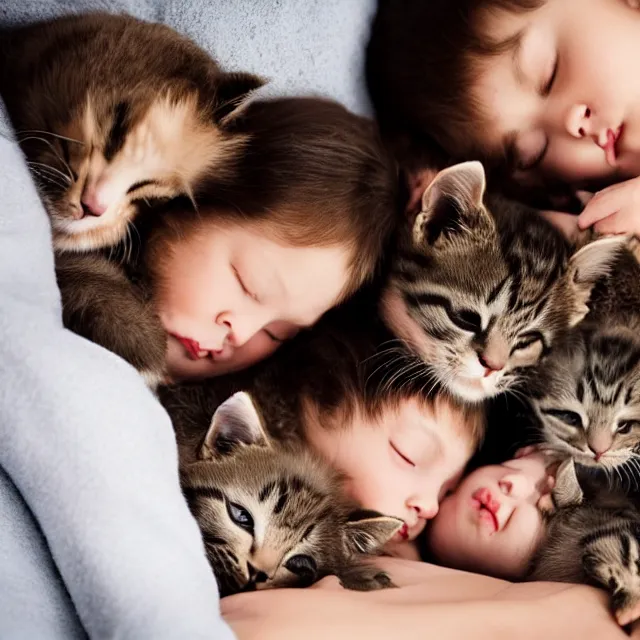 Prompt: final fantsy Four kittens lined up to sleep on the arm of a sleeping girl