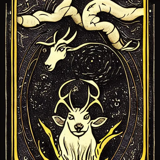 Prompt: detailed tarot card of a space goat, 1900s style, intricate, Artstation