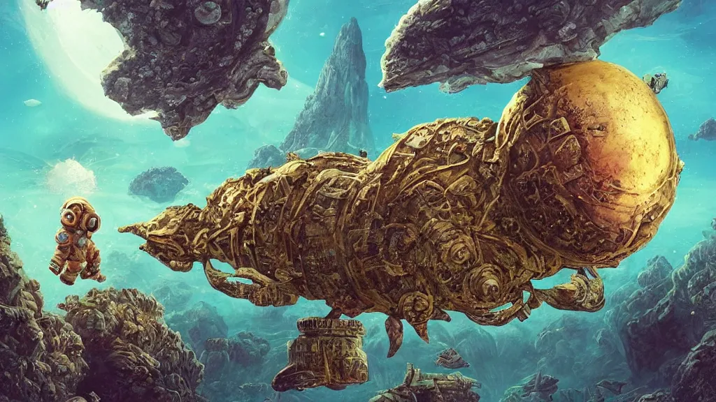 Prompt: An astronaut is under the sea, he has a big egg, he is swimming away from the giant Morgawr that is behind hunting him, the Morgawr is evil, this is an extravagant planet with wacky wildlife and some mythical animals, the background is full of ancient ruins, the ambient is dark with a terrifying atmosphere, by Jordan Grimmer digital art, trending on Artstation,