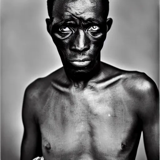 Image similar to black and white photo, portrait of rwandan soldier looking angry by richard avedon, realistic, Leica, medium format, cinematic lighting, parallax, high resolution,