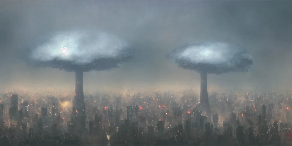 Prompt: on a foggy morning, cloudy day, a mushroom cloud over tokyo, by craig mullins