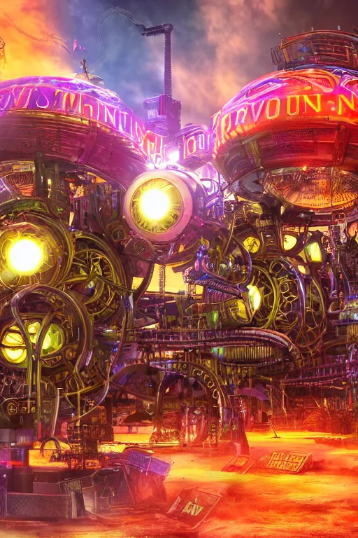 Image similar to a concert poster, tourname is invasion of the tripmachines, realistic digital art, 3 d render of two huge futuristic steampunk generators inside a steampunk machinery, 8 k, fluorescent colors, halluzinogenic, multicolored, exaggerated detailed, unreal engine