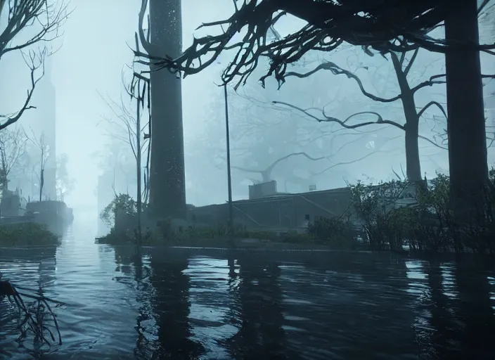 Image similar to dark, misty, foggy, flooded new york city street swamp in Destiny 2, liminal creepy, dark, dystopian, abandoned highly detailed 4k 60fps in-game destiny 2 screenshot gameplay showcase