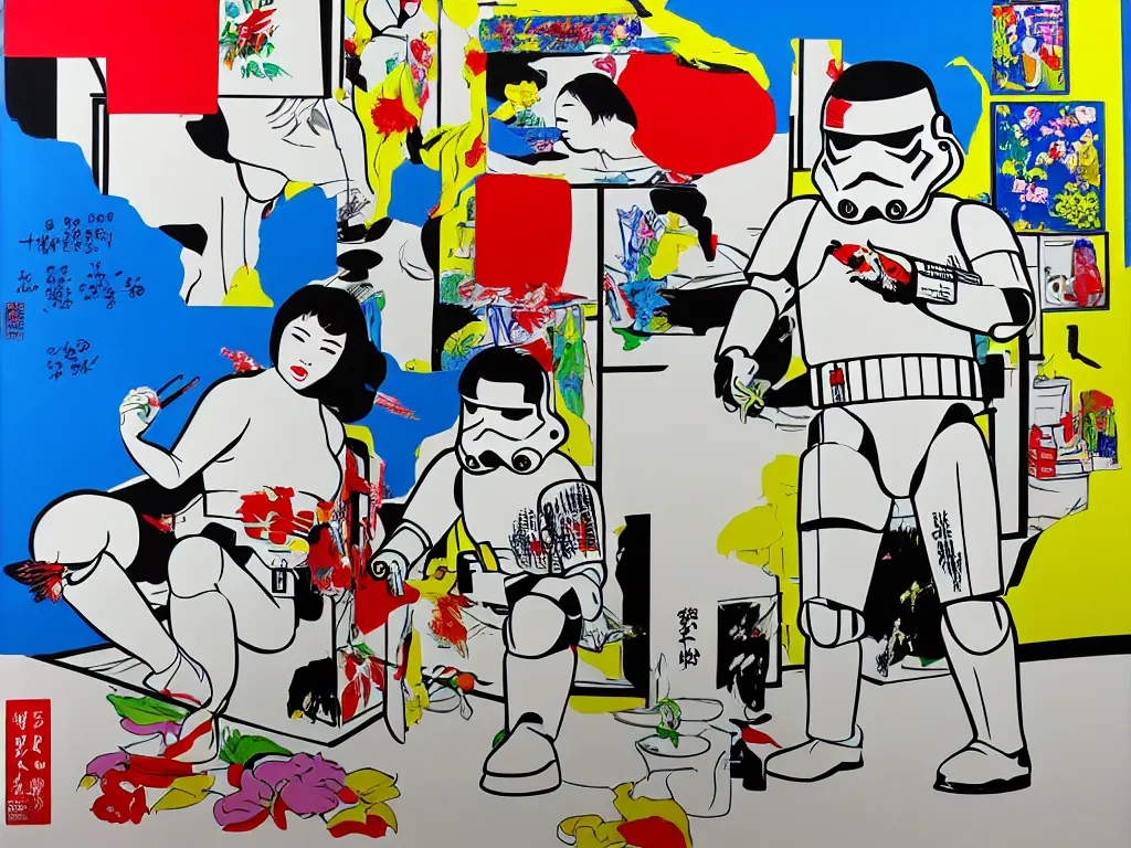 Image similar to hyperrealism composition of the asian home with a garden, stormtrooper in hot springs, pop - art style, jacky tsai style, andy warhol style, roy lichtenstein, acrylic on canvas