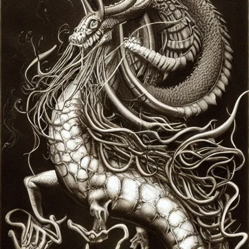 Image similar to a portrait of a dark music dragon, detailed, fantasy, scary, realistic, frightening, ornate, horns, spikes, incredible, masterpiece, amazing, wow!, sense of awe, award winning, greg rutowski, bosch, mc escher, dali