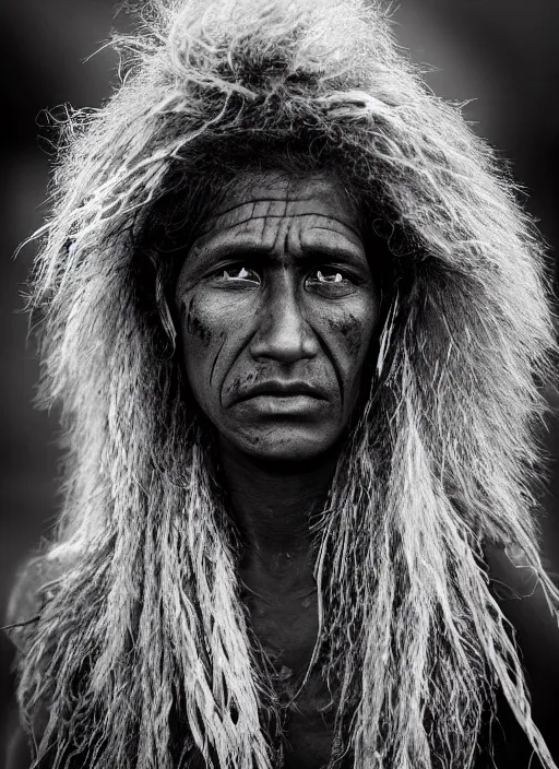 Image similar to Award winning Editorial photo of a Native Nauruans with incredible hair and beautiful hyper-detailed eyes wearing traditional garb by Lee Jeffries, 85mm ND 5, perfect lighting, gelatin silver process