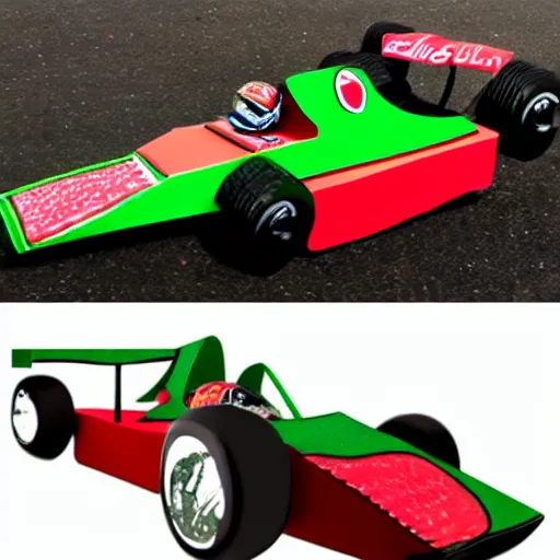 Image similar to a formula 1 racecar, made out of watermelon carving pieces,