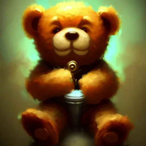 Image similar to cute little anthropomorphic Teddy Bear smoking weed, cover art, ultra wide lens shot , tiny, small, short, cute and adorable, pretty, beautiful, DnD character art portrait, matte fantasy painting, DeviantArt Artstation, by Jason Felix by Steve Argyle by Tyler Jacobson by Peter Mohrbacher, cinematic lighting