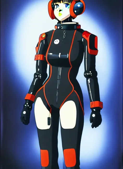 Image similar to Portrait of a female mech pilot in a latex bodysuit, 90s anime, cel-shaded, highly detailed, desaturated, gothic, oppressively atmosphere, poster