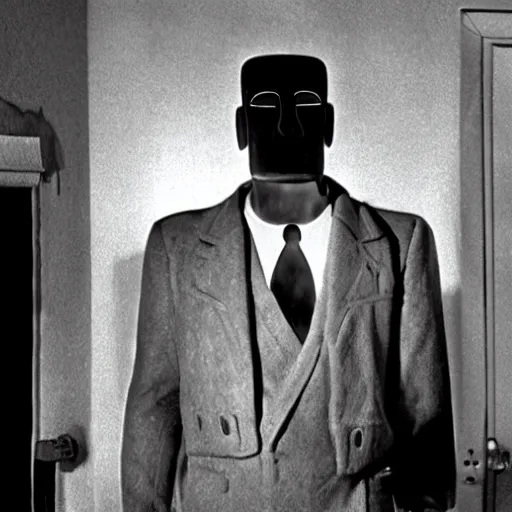 Image similar to easter island moai as the main character in a black and white noir film wearing a fedora standing in the foyer of a 1 9 4 0 s house, intricate, 1 9 4 0 s film noir, robert siodmak, fritz lang, otto preminger, orson welles, billy wilder