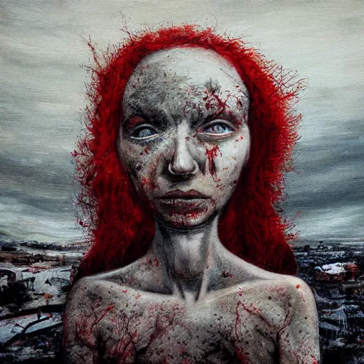 Prompt: a surrealist painting of a lonely woman with white skin and red hair standing over pile of bodies in post apocalyptic snowy landscape painted by beksinsk