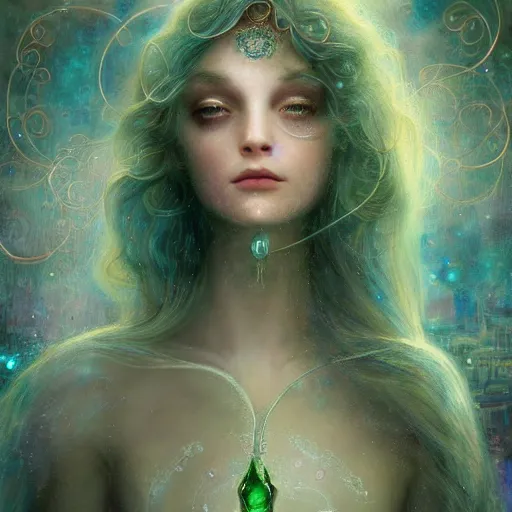 Prompt: Beautiful Delicate Detailed portrait of glass woman, With Magical green Eyes by Tom Bagshaw, Bastien Lecouffe Deharme, Erik Johansson, Amanda Sage, Alex Grey, Alphonse Mucha, Harry Clarke, Josephine Wall and Pino Daeni, Delicate glass creature With long blue Hair and Magical Sparkling Eyes, Magic Particles; Magic Swirls, 4K; 64 megapixels; 8K resolution concept art; detailed painting; digital illustration; hyperrealism; trending on Artstation; Unreal Engine Photorealistic, lifelike, Unreal Engine, sharp, sharpness, detailed, 8K
