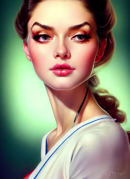 Prompt: glamorous and sexy nurse in blouse, beautiful, pearlescent skin, natural beauty, seductive eyes and face, elegant girl, natural beauty, very detailed face, seductive lady, full body portrait, natural lights, photorealism, summer vibrancy, cinematic, a portrait by artgerm, rossdraws, Norman Rockwell, magali villeneuve, Gil Elvgren, Alberto Vargas, Earl Moran, Enoch Bolles