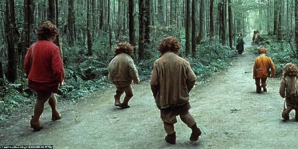 Image similar to A full color still from a Stanley Kubrick film featuring a side view of two hobbits wearing packs and walking down a path in a dark forest, 35mm, 1975